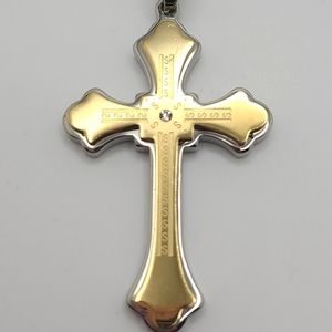 Lawrence Foss Stainless Steel Cross Unisex Two-Tone White Stone Etched Religious